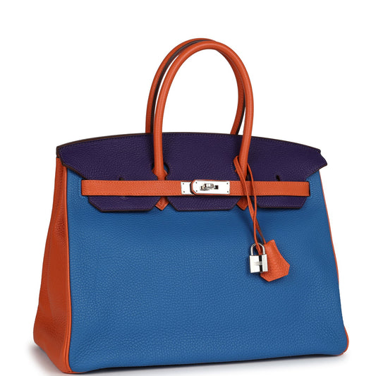 Hermes Special Order (HSS) Birkin 35 Tricolor Bleu Hydra, Ultraviolet and Orange Togo Palladium Hardware