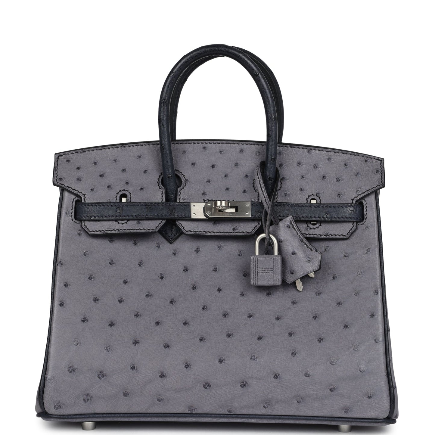 Hermes Special Order (HSS) Birkin 25 Gris Agate and Bleu Indigo Ostrich Brushed Palladium Hardware