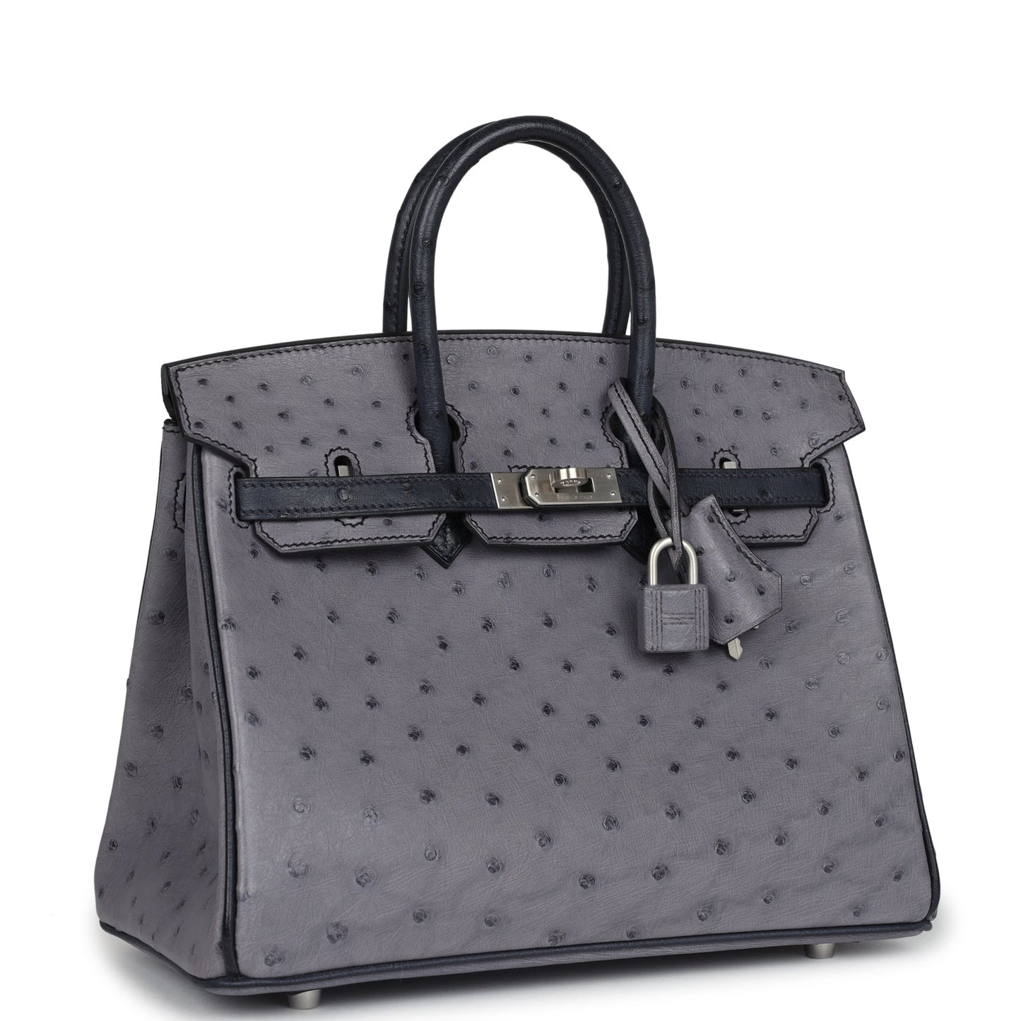 Hermes Special Order (HSS) Birkin 25 Gris Agate and Bleu Indigo Ostrich Brushed Palladium Hardware