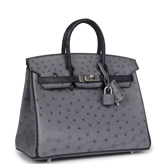 Hermes Special Order (HSS) Birkin 25 Gris Agate and Bleu Indigo Ostrich Brushed Palladium Hardware