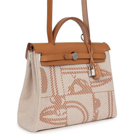 Hermes Herbag Zip PM 31 'Brides de Gala' Natural Sable Berline Hunter and Ecru Toile H Canvas Palladium Hardware