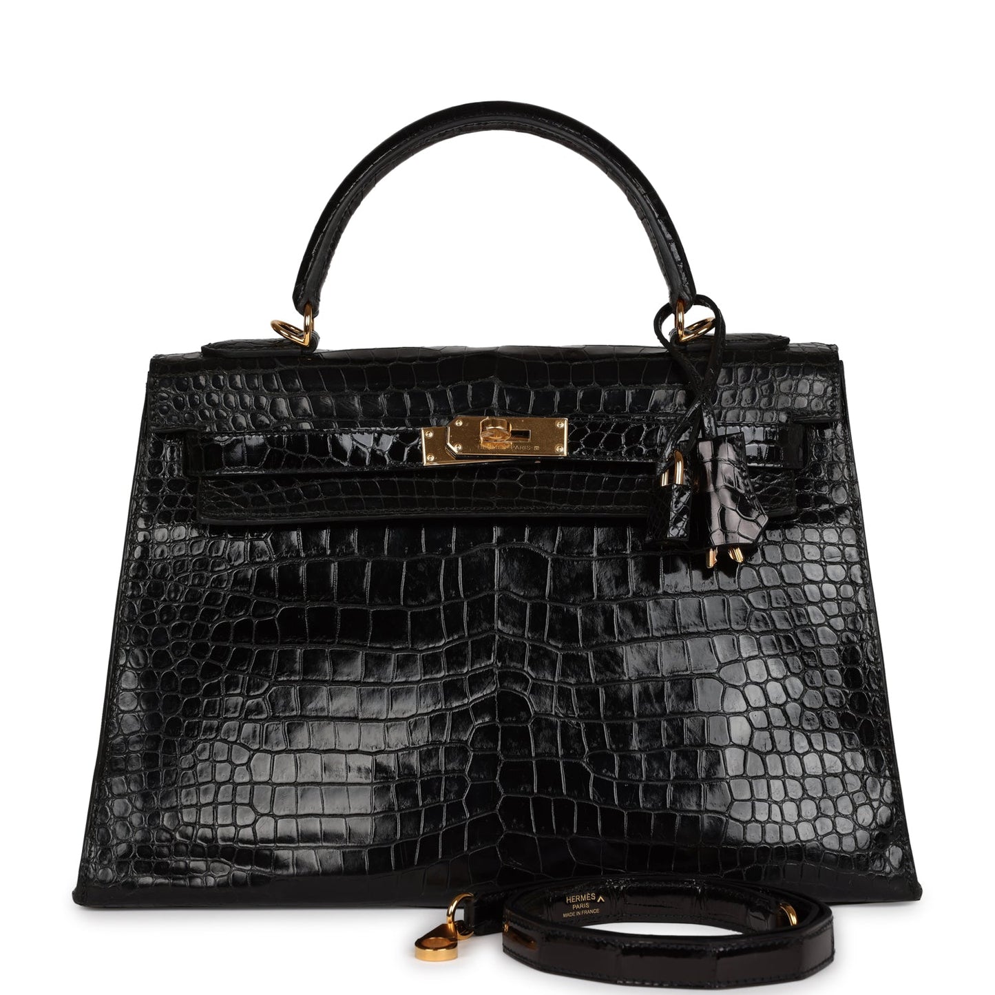 Vintage Hermes Kelly Crocodile Bag 32 Black Shiny Porosus Gold Hardware