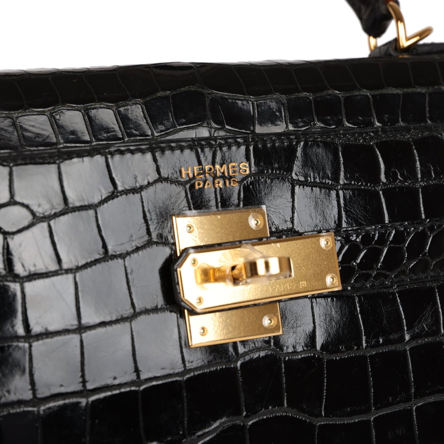 Vintage Hermes Kelly Crocodile Bag 32 Black Shiny Porosus Gold Hardware