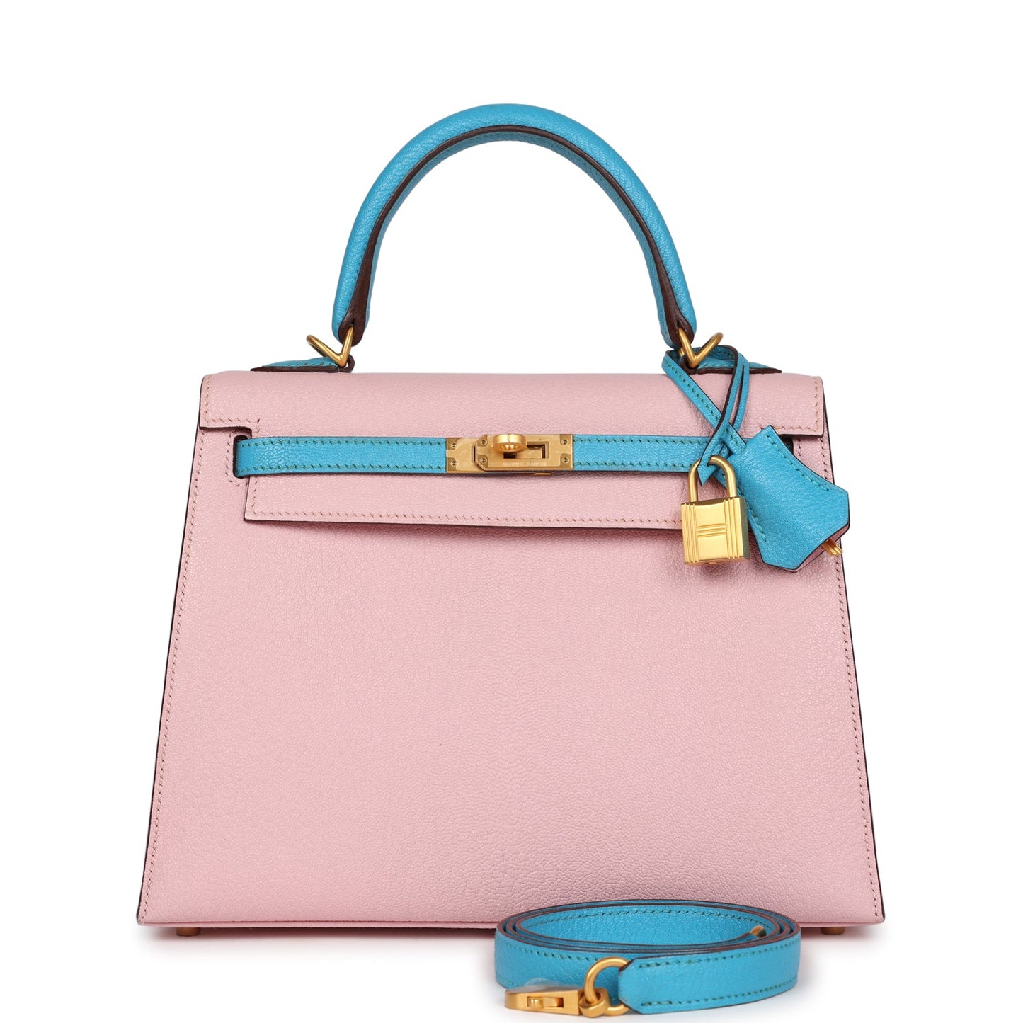 Hermes Kelly Sellier 25 Rose Sakura HSS with Bleu Aztec Chevre and Brushed Gold Hardware