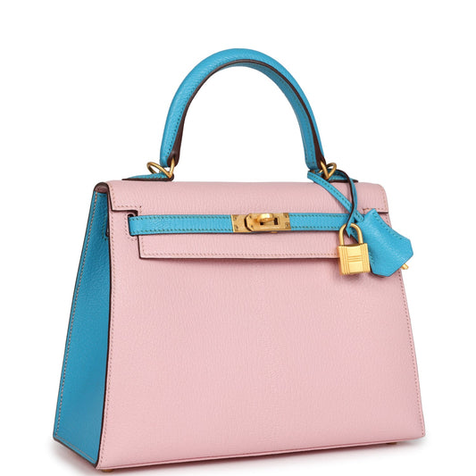 Hermes Kelly Sellier 25 Rose Sakura HSS with Bleu Aztec Chevre and Brushed Gold Hardware