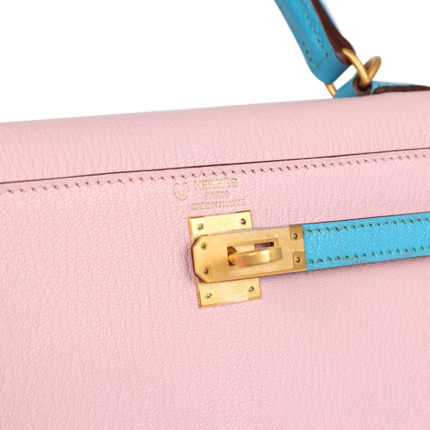 Hermes Kelly Sellier 25 Rose Sakura HSS with Bleu Aztec Chevre and Brushed Gold Hardware