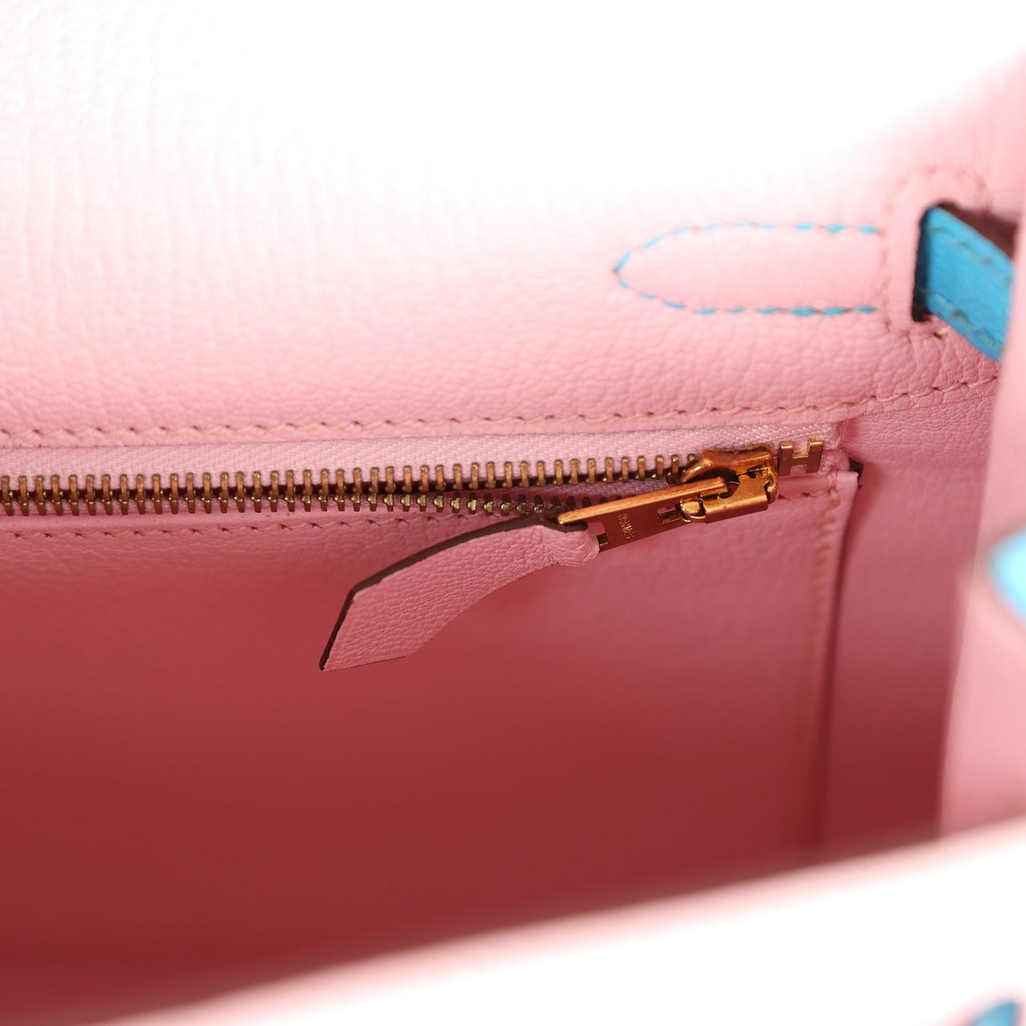 Hermes Kelly Sellier 25 Rose Sakura HSS with Bleu Aztec Chevre and Brushed Gold Hardware