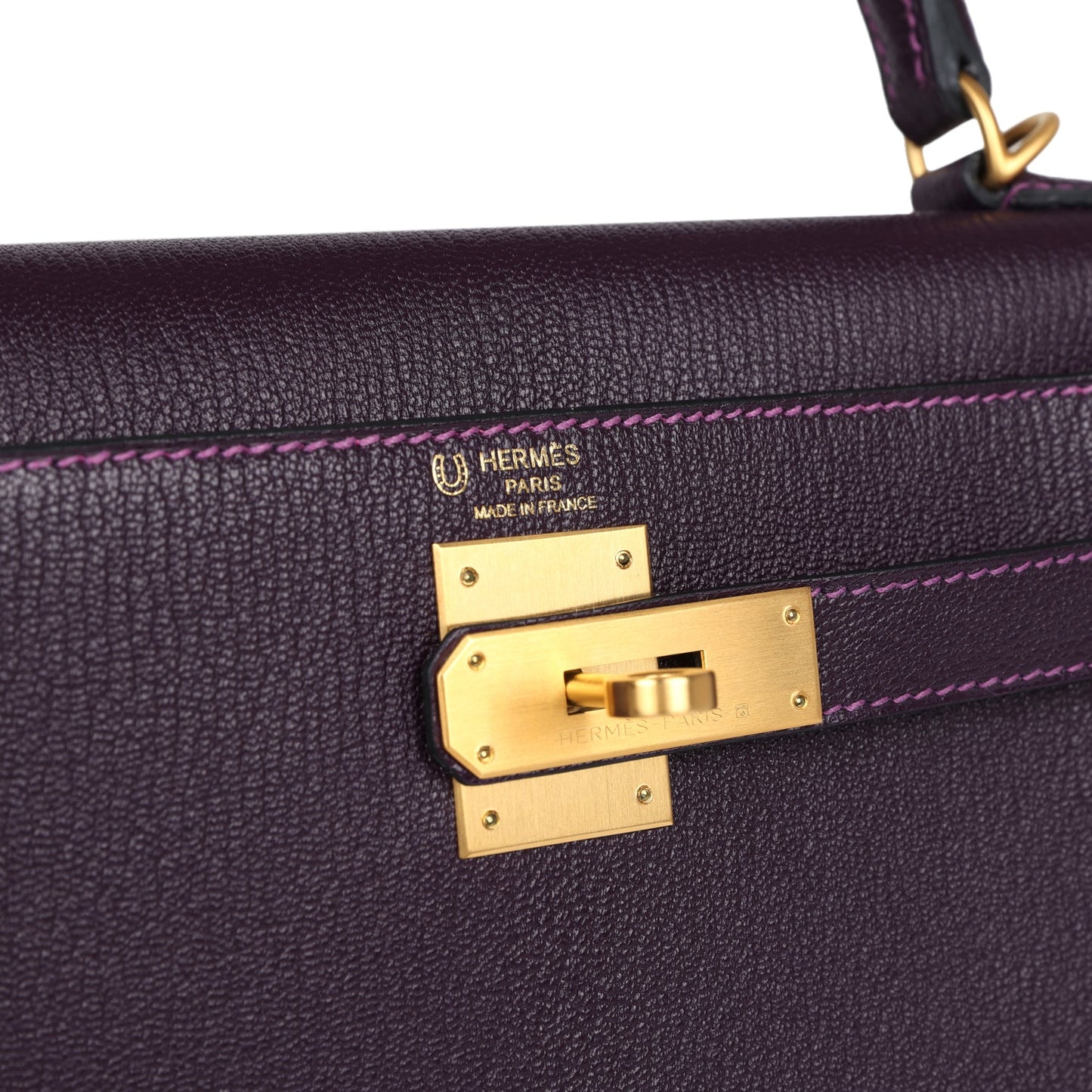 Hermes Special Order (HSS) Kelly Sellier 28 Raisin Verso Chevre Brushed Gold Hardware