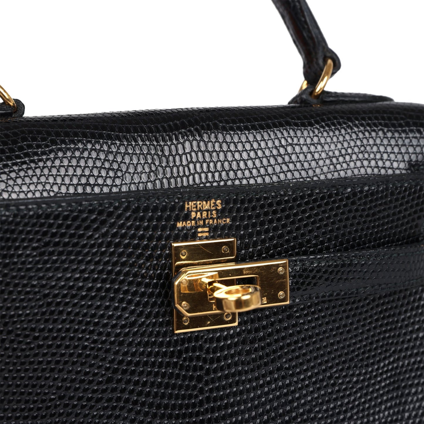 Vintage Hermes Kelly Sellier 20 Black Varanus Salvator Lizard Gold Hardware