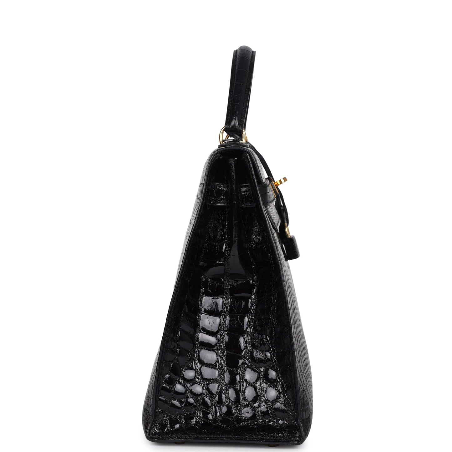 Vintage Hermes Kelly Sellier 32 Black Shiny Alligator Gold Hardware