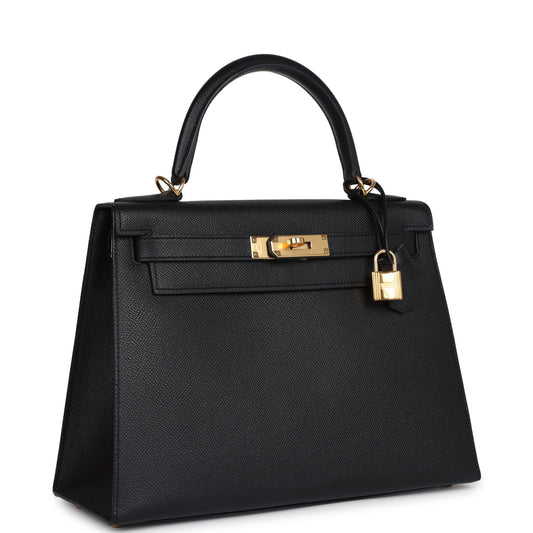 Hermes Kelly Sellier 28 Black Epsom Gold Hardware