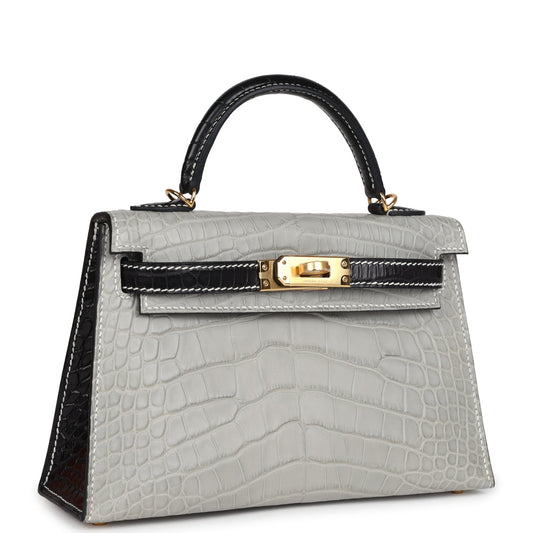 Hermes Special Order (HSS) Kelly Sellier 20 Gris Perle and Black Matte Alligator Gold Hardware