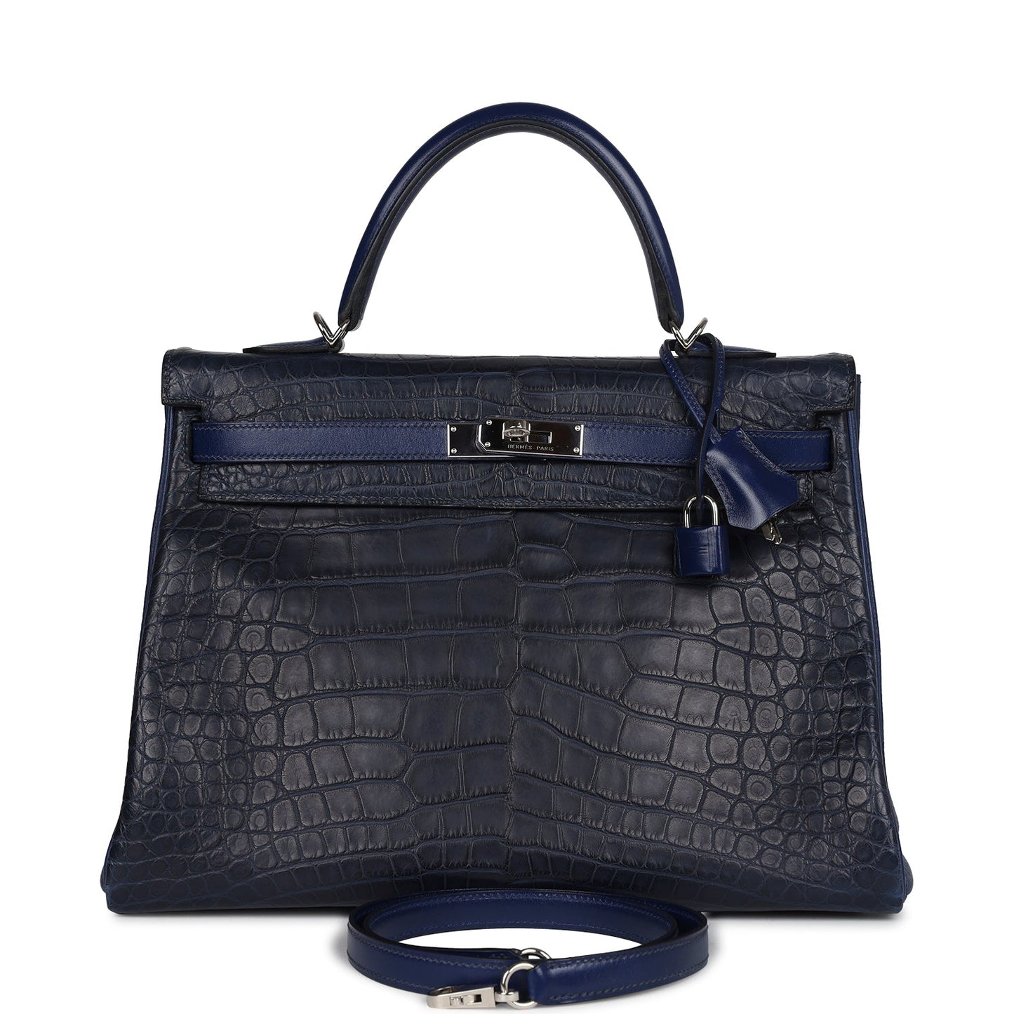 Hermes Kelly Retourne 35 Bleu Indigo Matte Alligator and Bleu Saphir Swift and Clemence Palladium Hardware