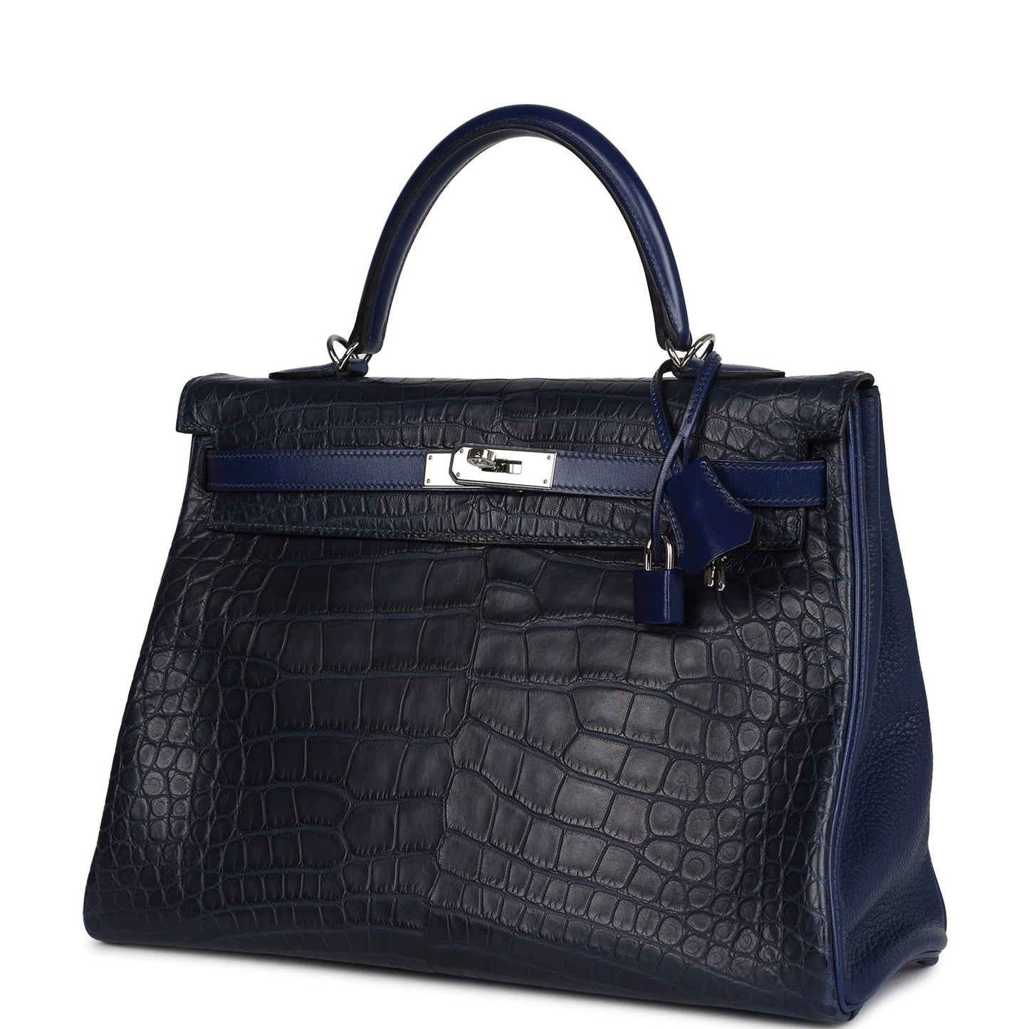Hermes Kelly Retourne 35 Bleu Indigo Matte Alligator and Bleu Saphir Swift and Clemence Palladium Hardware