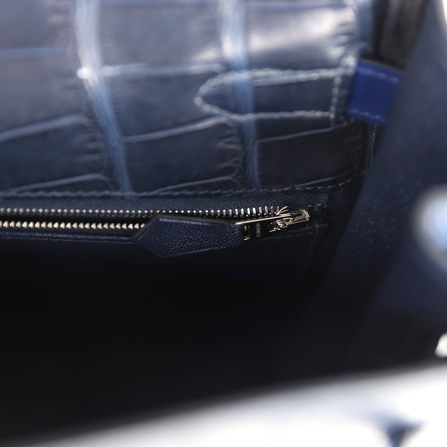 Hermes Kelly Retourne 35 Bleu Indigo Matte Alligator and Bleu Saphir Swift and Clemence Palladium Hardware