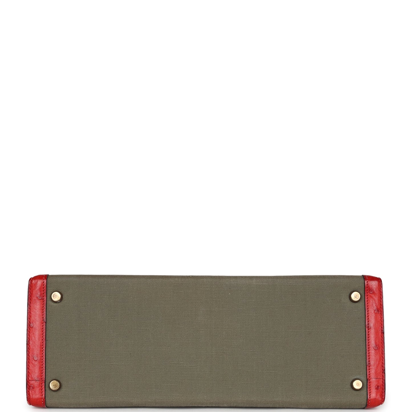 Vintage Hermes Kelly Sellier 32 Rouge Vif Ostrich and Vert Olive Officier Canvas Gold Hardware