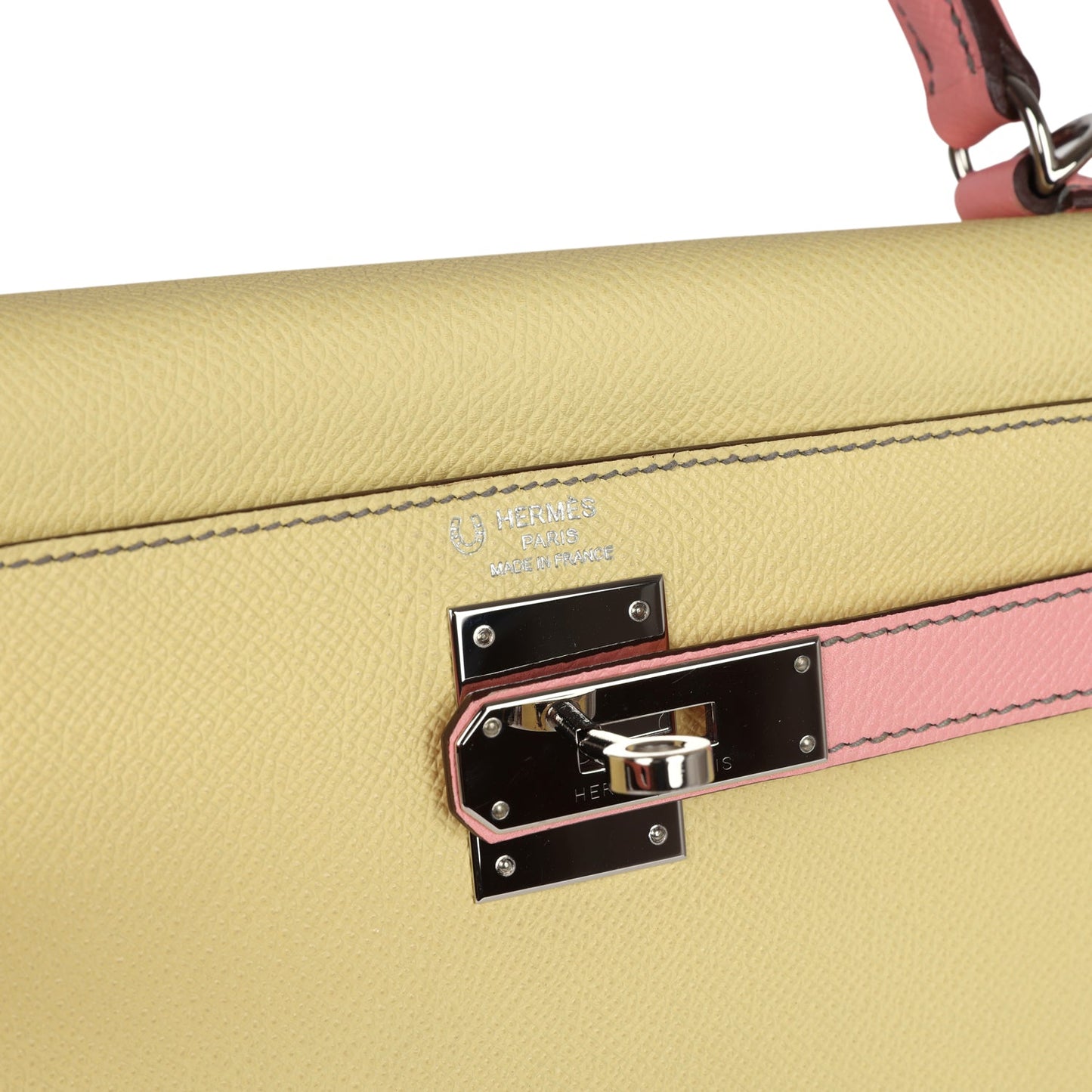 Hermes Special Order (HSS) Kelly Sellier 28 Rose Confetti and Jaune Poussin Epsom Palladium Hardware